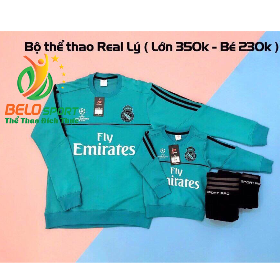 Bộ nỉ thể thao Real mùa đông màu xanh ngọc 2018