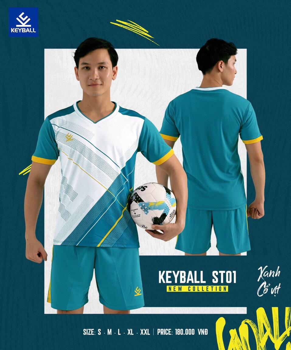 ÁO BÓNG ĐÁ KHÔNG LOGO KEYBALL ST01 - XANH CỔ VỊT