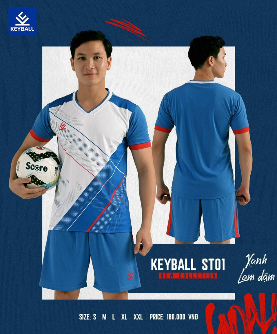 ÁO BÓNG ĐÁ KHÔNG LOGO KEYBALL ST01 - XANH LAM ĐẬM